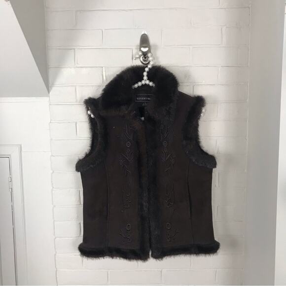 Vintage Regent Park Faux Suede Faux Fur Brown Embroidered Vest Size S - Picture 2 of 14